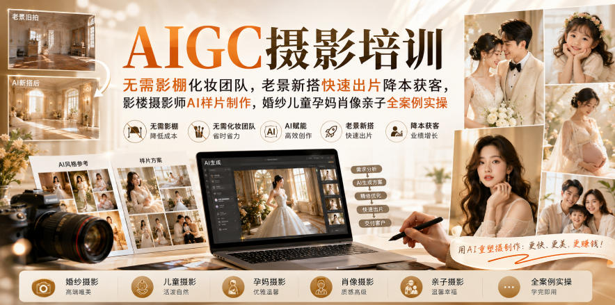 AIGC摄影培训|无需影棚化妆团队,老景新搭快速出片降本获客,影楼摄影师AI样片制作,婚纱儿童孕妈肖像亲子全案例实操 1 AIGC摄影培训|无需影棚化妆团队,老景新搭快速出片降本获客,影楼摄影师AI样片制作,婚纱儿童孕妈肖像亲子全案例实操