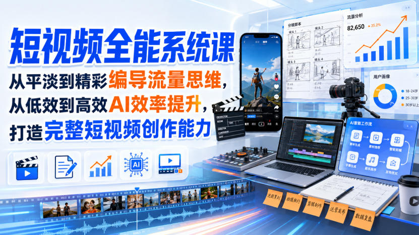 短视频全能系统课,从平淡到精彩编导流量思维,从低效到高效AI效率提升,打造完整短视频创作能力(2026年8月30更新233集) 1 短视频全能系统课,从平淡到精彩编导流量思维,从低效到高效AI效率提升,打造完整短视频创作能力(2026年8月30更新233集)
