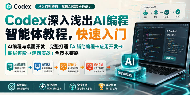 Codex深入浅出AI编程智能体教程,快速入门AI编程与桌面开发,打通「AI辅助编程→应用开发→底层进阶→逆向实战」全技术链路 1 Codex深入浅出AI编程智能体教程,快速入门AI编程与桌面开发,打通「AI辅助编程→应用开发→底层进阶→逆向实战」全技术链路