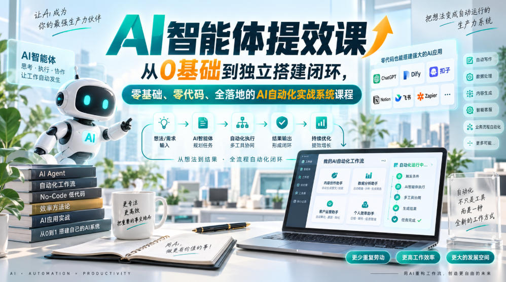 AI智能体提效课,从0基础到独立搭建闭环,零基础、零代码、全落地的AI自动化实战系统课程 1 AI智能体提效课,从0基础到独立搭建闭环,零基础、零代码、全落地的AI自动化实战系统课程
