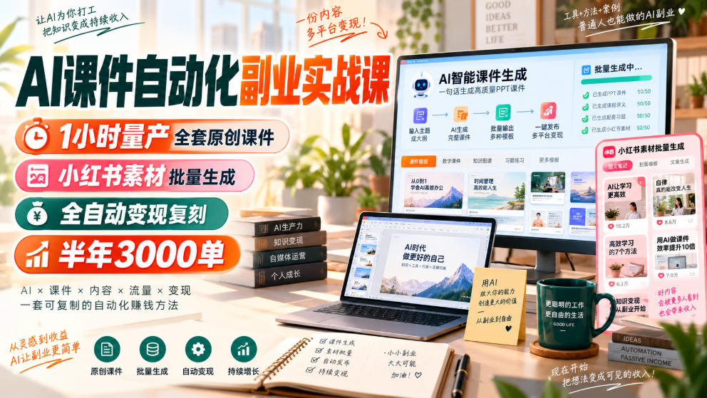 AI课件自动化副业实战课,1小时量产全套原创课件,小红书素材批量生成,全自动变现复刻,半年3000单 1 AI课件自动化副业实战课,1小时量产全套原创课件,小红书素材批量生成,全自动变现复刻,半年3000单