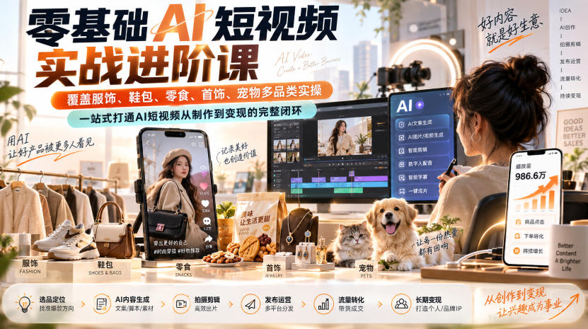 零基础AI短视频实战进阶课,覆盖服饰、鞋包、零食、首饰、宠物多品类实操,一站式打通AI短视频从制作到变现的完整闭环 1 零基础AI短视频实战进阶课,覆盖服饰、鞋包、零食、首饰、宠物多品类实操,一站式打通AI短视频从制作到变现的完整闭环