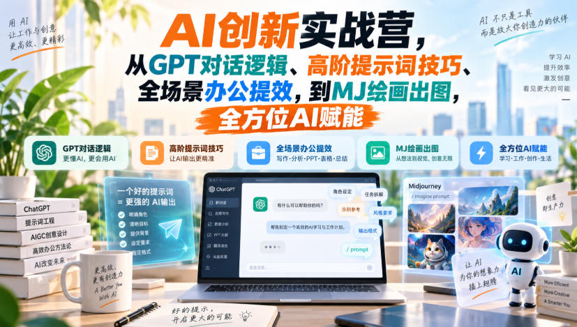 AI创新实战营,从GPT对话逻辑、高阶提示词技巧、全场景办公提效,到MJ绘画出图,全方位AI赋能 1 AI创新实战营,从GPT对话逻辑、高阶提示词技巧、全场景办公提效,到MJ绘画出图,全方位AI赋能