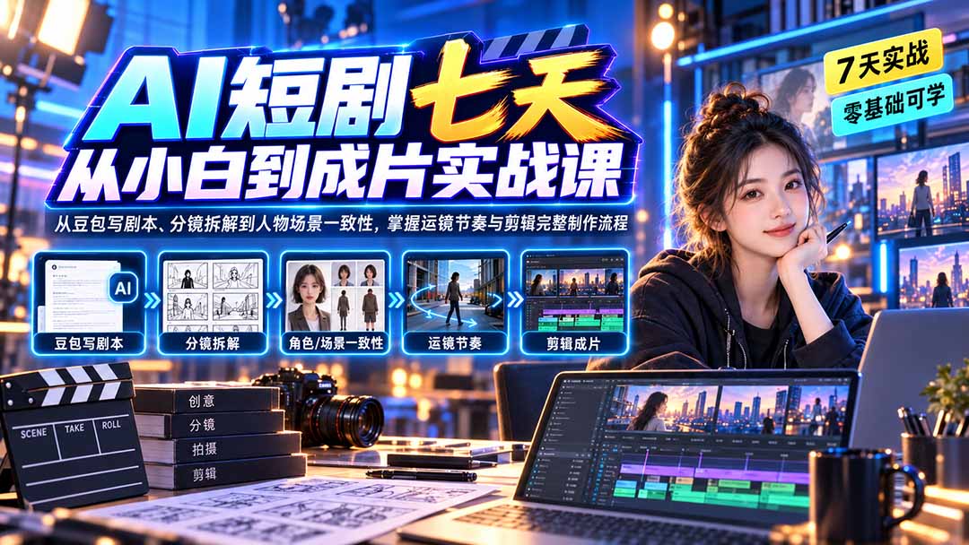 AI短剧七天从小白到成片实战课:从豆包写剧本、分镜拆解到人物场景一致性,掌握运镜节奏与剪辑完整制作流程 1 20260909102653 6aa1346dd3db1
