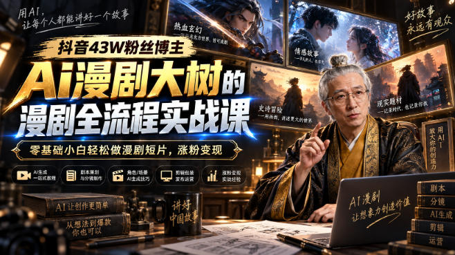 抖音43W粉丝博主Ai漫剧大树的漫剧制作全流程实战课,零基础小白轻松做漫剧短片,涨粉变现 1 抖音43W粉丝博主Ai漫剧大树的漫剧制作全流程实战课,零基础小白轻松做漫剧短片,涨粉变现
