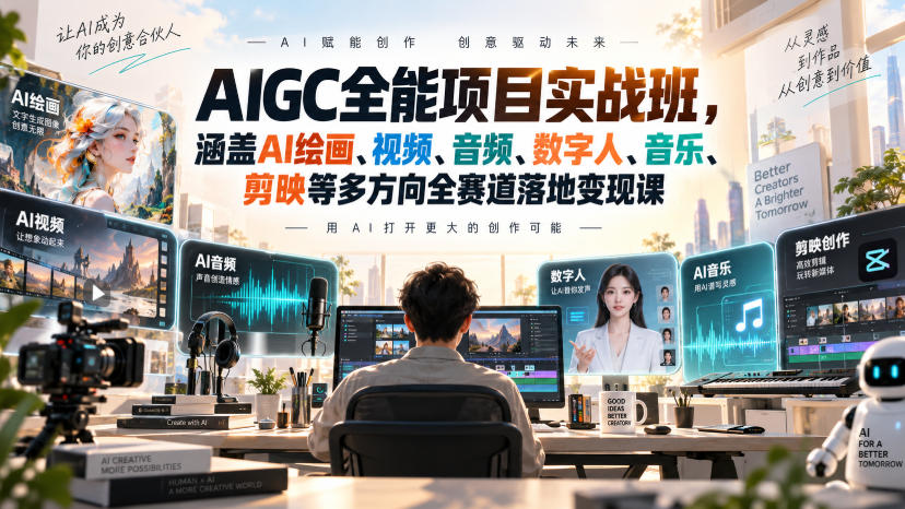 AIGC全能项目实战班,涵盖AI绘画、视频、音频、数字人、音乐、剪映等多方向全赛道落地变现课 1 AIGC全能项目实战班,涵盖AI绘画、视频、音频、数字人、音乐、剪映等多方向全赛道落地变现课