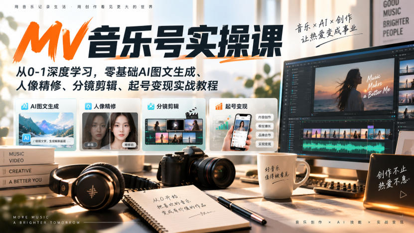 AI MV音乐号实操课,从0-1深度学习,零基础AI图文生成、人像精修、分镜剪辑、起号变现实战教程 1 AI MV音乐号实操课,从0-1深度学习,零基础AI图文生成、人像精修、分镜剪辑、起号变现实战教程