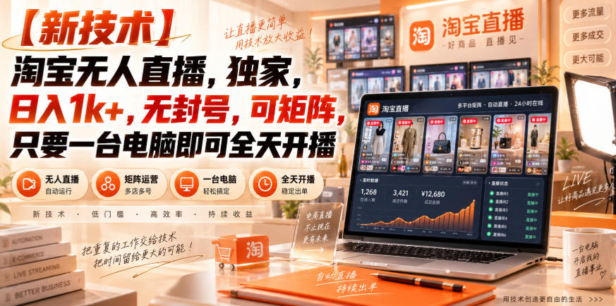 【独家新技术】淘宝无人直播,日入1k+,无封号,可矩阵,只要一台电脑即可全天开播【揭秘】 1 【独家新技术】淘宝无人直播,日入1k+,无封号,可矩阵,只要一台电脑即可全天开播【揭秘】