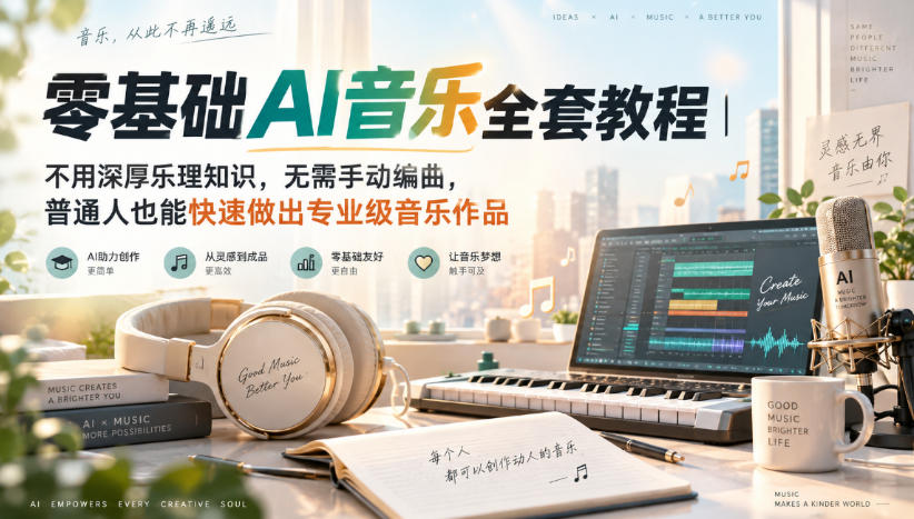 零基础AI音乐全套教程|不用深厚乐理知识,无需手动编曲,普通人也能快速做出专业级音乐作品 1 零基础AI音乐全套教程|不用深厚乐理知识,无需手动编曲,普通人也能快速做出专业级音乐作品