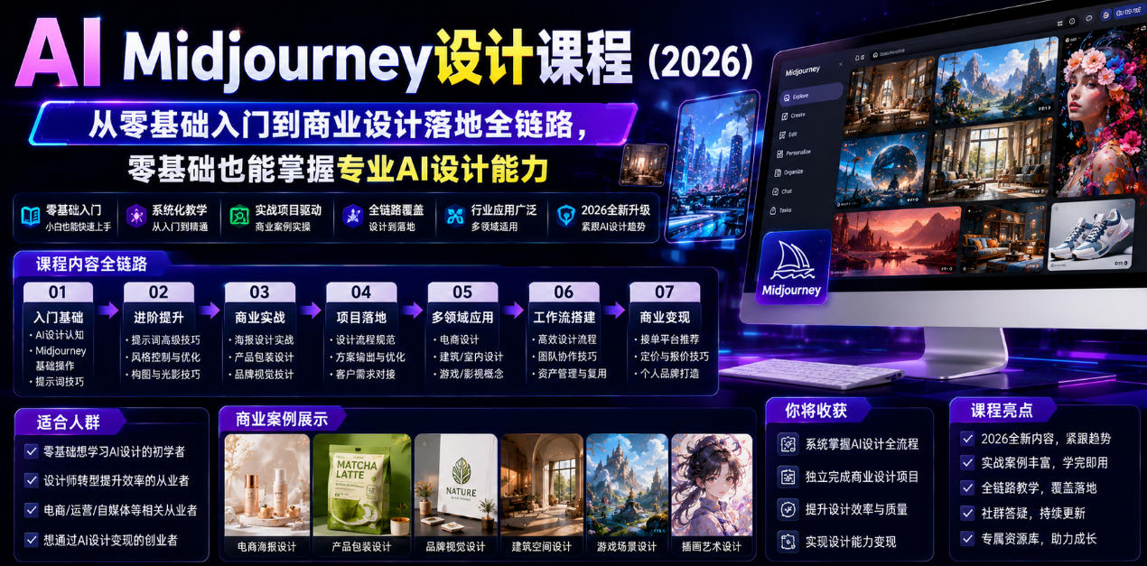 AI Midjourney设计课程(2026),从零基础入门到商业设计落地全链路,零基础也能掌握专业AI设计能力(更新0913) 1 AI Midjourney设计课程(2026),从零基础入门到商业设计落地全链路,零基础也能掌握专业AI设计能力(更新0913)