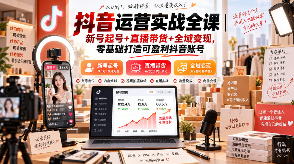 抖音运营实战全课|新号起号+直播带货+全域变现,零基础打造可盈利抖音账号 1 抖音运营实战全课|新号起号+直播带货+全域变现,零基础打造可盈利抖音账号