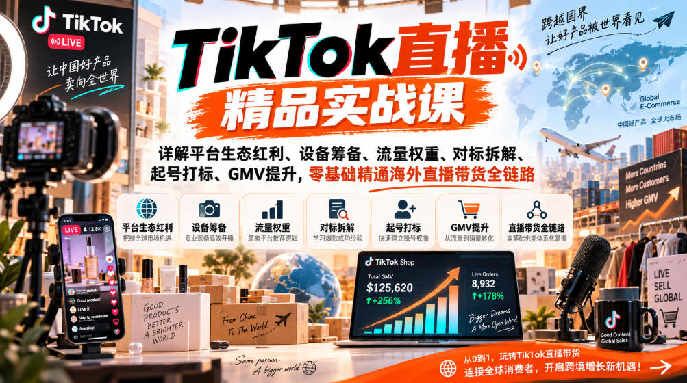 TikTok直播精品实战课,详解平台生态红利、设备筹备、流量权重、对标拆解、起号打标、GMV提升,零基础精通海外直播带货全链路 1 TikTok直播精品实战课,详解平台生态红利、设备筹备、流量权重、对标拆解、起号打标、GMV提升,零基础精通海外直播带货全链路