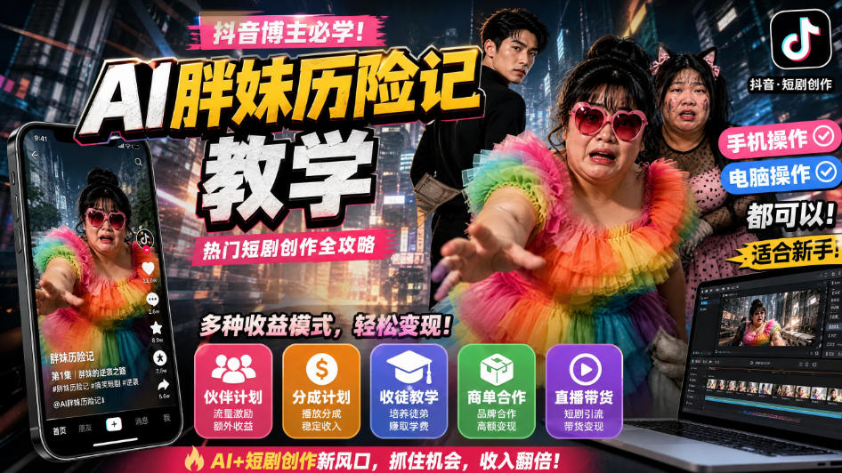 抖音博主的AI胖妹历险记教学,伙伴计划+分成计划+收徒+商单等多种收益,适合新手,手机电脑都可以操作 1 抖音博主的AI胖妹历险记教学,伙伴计划+分成计划+收徒+商单等多种收益,适合新手,手机电脑都可以操作