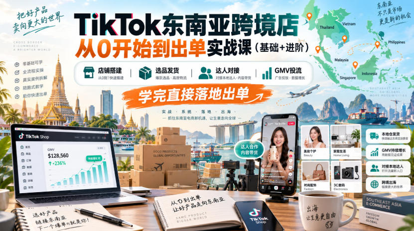 TikTok东南亚跨境店从0开始到出单实战课(基础+进阶),店铺搭建、选品发货、达人对接、GMV投流,学完直接落地出单 1 TikTok东南亚跨境店从0开始到出单实战课(基础+进阶),店铺搭建、选品发货、达人对接、GMV投流,学完直接落地出单