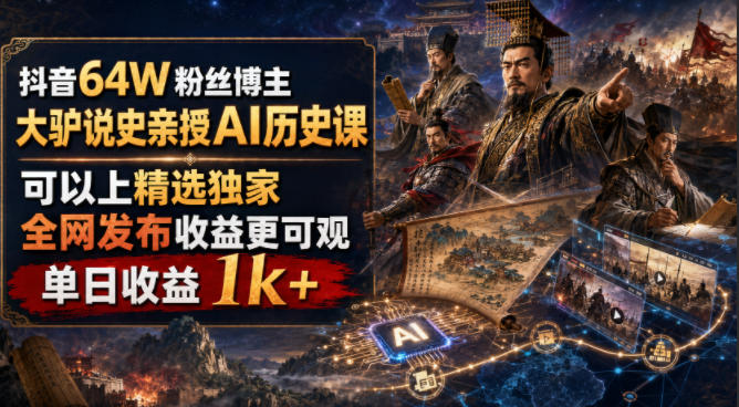抖音64W粉丝博主大驴说史亲授AI历史课,可以上精选独家,全网发布收益更可观,单日收益1k+(更新) 1 抖音64W粉丝博主大驴说史亲授AI历史课,可以上精选独家,全网发布收益更可观,单日收益1k+(更新)