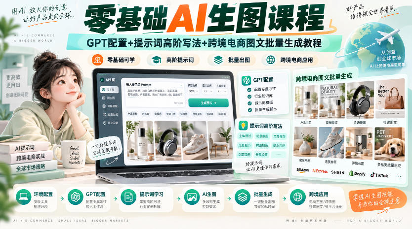 零基础AI生图课程,GPT配置+提示词高阶写法+跨境电商图文批量生成教程 1 零基础AI生图课程,GPT配置+提示词高阶写法+跨境电商图文批量生成教程