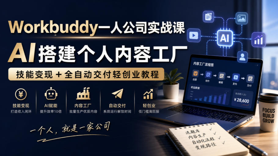 Workbuddy一人公司实战课,AI搭建个人内容工厂,技能变现+全自动交付轻创业教程 1 Workbuddy一人公司实战课,AI搭建个人内容工厂,技能变现+全自动交付轻创业教程