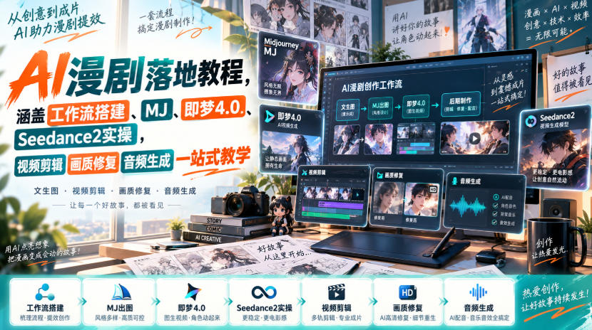 AI漫剧落地教程,涵盖工作流搭建、MJ、即梦4.0、Seedance2实操,视频剪辑画质修复音频生成一站式教学 1 AI漫剧落地教程,涵盖工作流搭建、MJ、即梦4.0、Seedance2实操,视频剪辑画质修复音频生成一站式教学