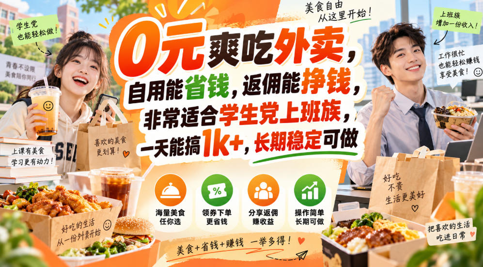 0元爽吃外卖,自用能省钱,返佣能挣钱,非常适合学生党上班族,一天能搞1k+,长期稳定可做 1 0元爽吃外卖,自用能省钱,返佣能挣钱,非常适合学生党上班族,一天能搞1k+,长期稳定可做