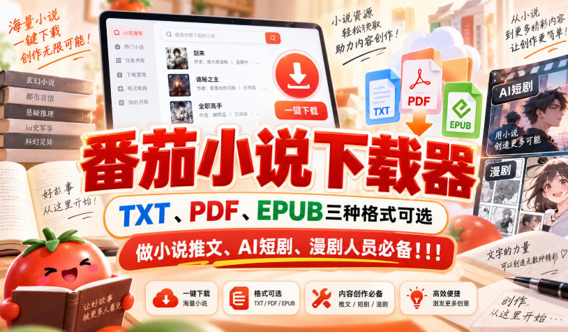 番茄小说下载器,TXT、PDF、EPUB三种格式可选,做小说推文、AI短剧、漫剧人员必备!!! 1 番茄小说下载器,TXT、PDF、EPUB三种格式可选,做小说推文、AI短剧、漫剧人员必备!!!