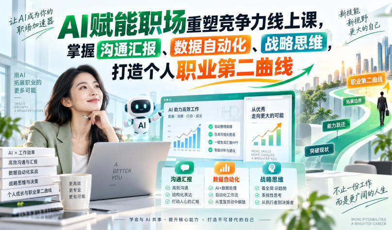 AI赋能职场重塑竞争力线上课,掌握沟通汇报、数据自动化、战略思维,打造个人职业第二曲线 1 AI赋能职场重塑竞争力线上课,掌握沟通汇报、数据自动化、战略思维,打造个人职业第二曲线