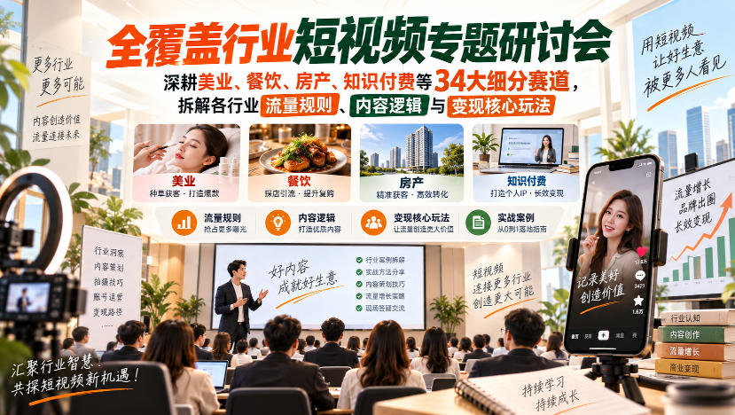 短视频专题研讨会,深耕美业、餐饮、房产、知识付费等34大细分赛道,拆解各行业流量规则、内容逻辑与变现核心玩法 1 短视频专题研讨会,深耕美业、餐饮、房产、知识付费等34大细分赛道,拆解各行业流量规则、内容逻辑与变现核心玩法