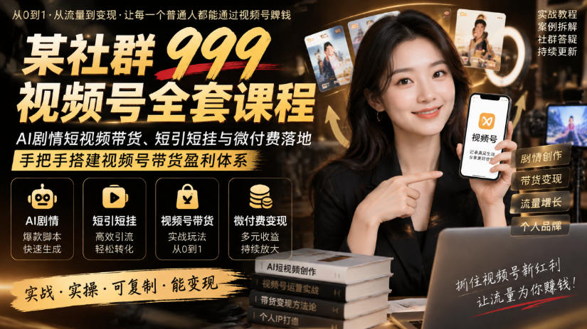 某社群999视频号全套课程,AI剧情短视频带货、短引短挂与微付费落地,手把手搭建视频号带货盈利体系 1 某社群999视频号全套课程,AI剧情短视频带货、短引短挂与微付费落地,手把手搭建视频号带货盈利体系