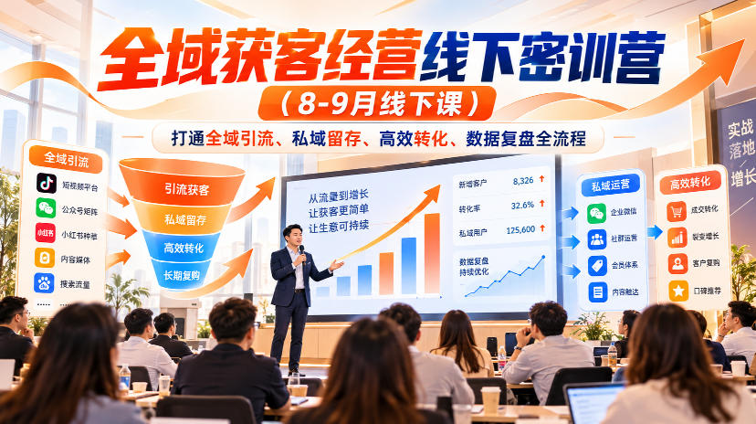 全域获客经营线下密训营(8-9月线下课),打通全域引流、私域留存、高效转化、数据复盘全流程 1 全域获客经营线下密训营(8-9月线下课),打通全域引流、私域留存、高效转化、数据复盘全流程