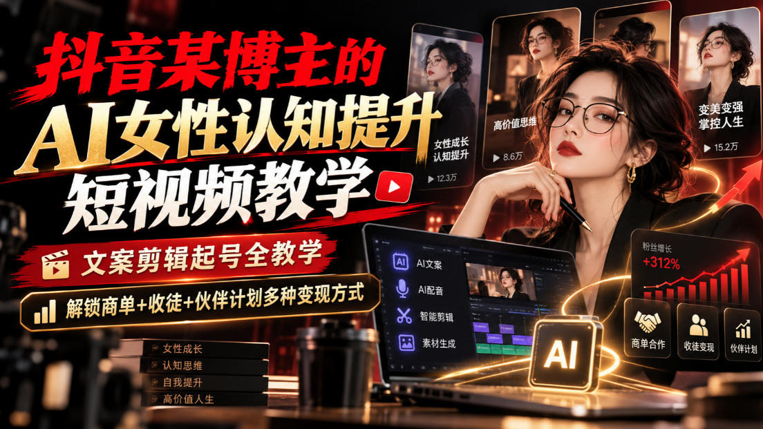 抖音某博主的Ai女性认知提升短视频教学,文案剪辑起号全教学,解锁商单+收徒+伙伴计划多种变现方式 1 抖音某博主的Ai女性认知提升短视频教学,文案剪辑起号全教学,解锁商单+收徒+伙伴计划多种变现方式