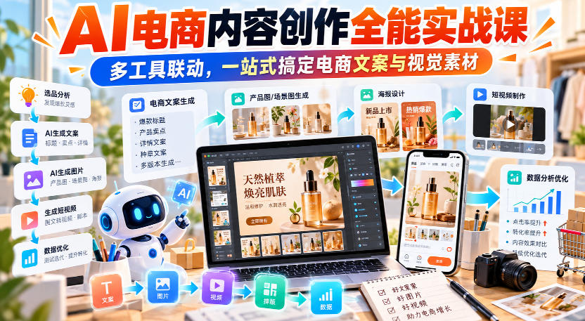 【无水印】AI电商内容创作全能实战课|多工具联动,一站式搞定电商文案与视觉素材 1 【无水印】AI电商内容创作全能实战课|多工具联动,一站式搞定电商文案与视觉素材