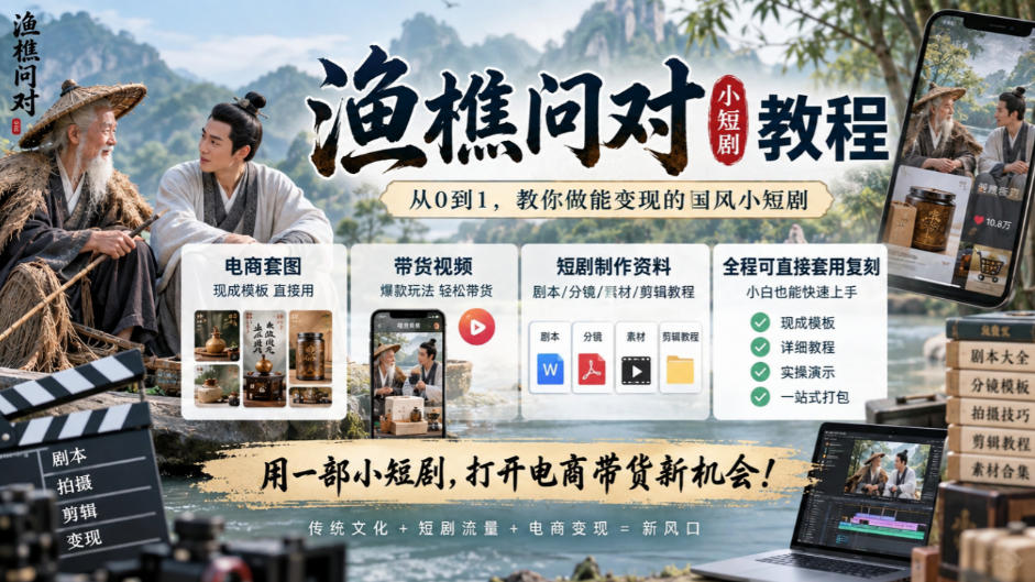 渔樵问对小短剧教程,包含电商套图、带货视频,短剧制作资料,全程可直接套用复刻 1 渔樵问对小短剧教程,包含电商套图、带货视频,短剧制作资料,全程可直接套用复刻