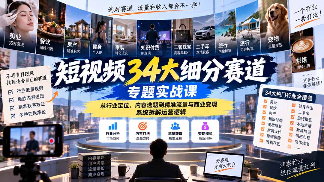 短视频34大细分赛道专题实战课:从行业定位、内容选题到精准流量与商业变现,系统拆解运营逻辑 1 20261003085352 6ac0c2a0dd678