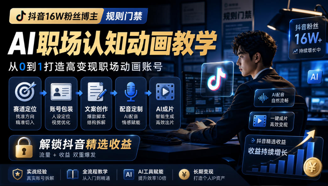 抖音16W粉丝博主规则门禁的AI职场认知动画教学,从赛道定位、账号包装,到文案创作、配音定制、AI成片,解锁抖音精选收益 1 抖音16W粉丝博主规则门禁的AI职场认知动画教学,从赛道定位、账号包装,到文案创作、配音定制、AI成片,解锁抖音精选收益