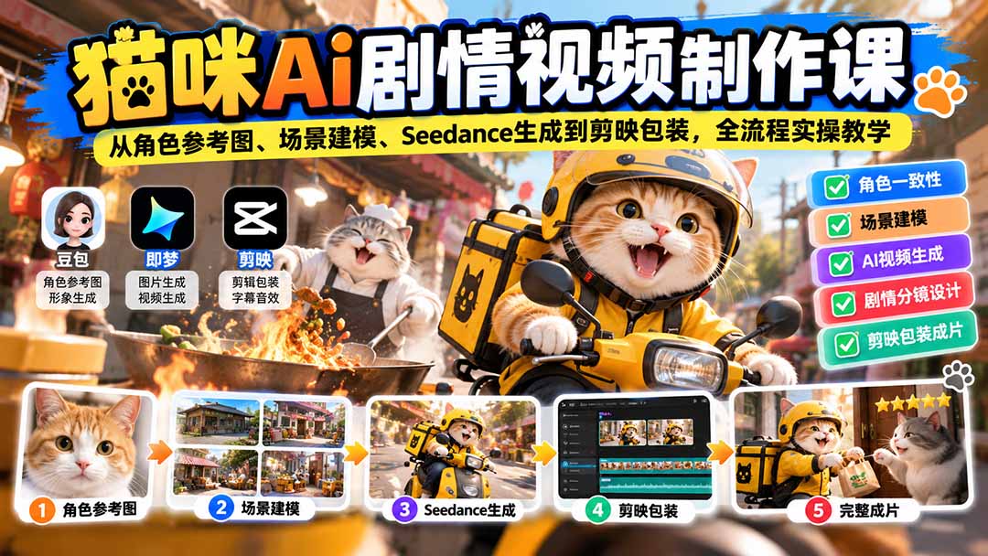 猫咪AI剧情视频制作课:从角色参考图、场景建模、Seedance生成到剪映包装,全流程实操教学 1 20261005004042 6ac2f20a6809a