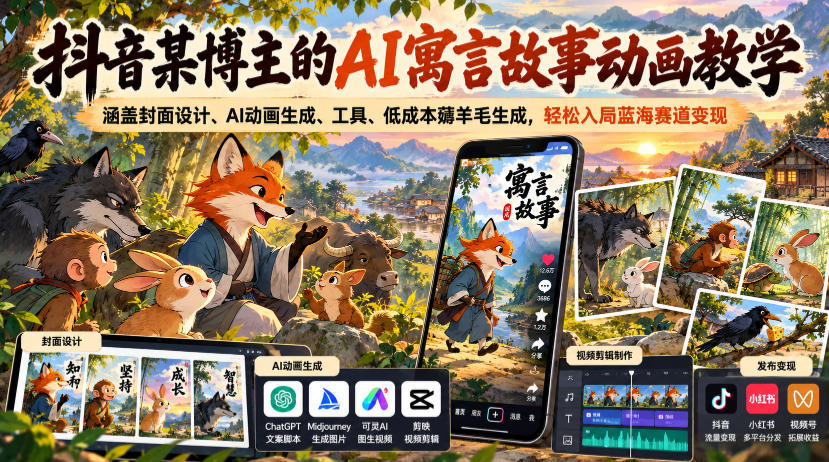 抖音某博主的AI寓言故事动画教学,涵盖封面设计、AI动画生成、工具、低成本薅羊毛生成,轻松入局蓝海赛道变现 1 抖音某博主的AI寓言故事动画教学,涵盖封面设计、AI动画生成、工具、低成本薅羊毛生成,轻松入局蓝海赛道变现