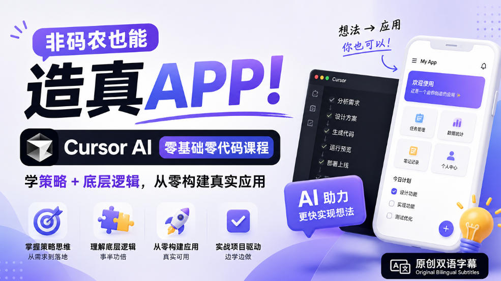 非码农也能造真APP!Cursor AI零基础零代码课程:学策略+底层逻辑,从零构建真实应用【原创双语字幕】 1 非码农也能造真APP!Cursor AI零基础零代码课程:学策略+底层逻辑,从零构建真实应用【原创双语字幕】