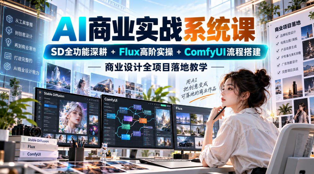 AI商业实战系统课|SD全功能深耕+Flux高阶实操+Comfyui流程搭建,商业设计全项目落地教学 1 AI商业实战系统课|SD全功能深耕+Flux高阶实操+Comfyui流程搭建,商业设计全项目落地教学