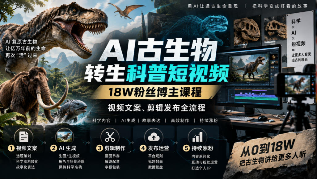 AI古生物转生科普短视频,18W粉丝博主课程,视频文案、剪辑发布全流程 1 AI古生物转生科普短视频,18W粉丝博主课程,视频文案、剪辑发布全流程