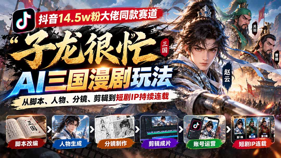 抖音14.5w粉大佬同款赛道「子龙很忙」AI三国漫剧玩法:从脚本、人物、分镜、剪辑到短剧IP持续连载 1 20261005115046 6ac38f167c990