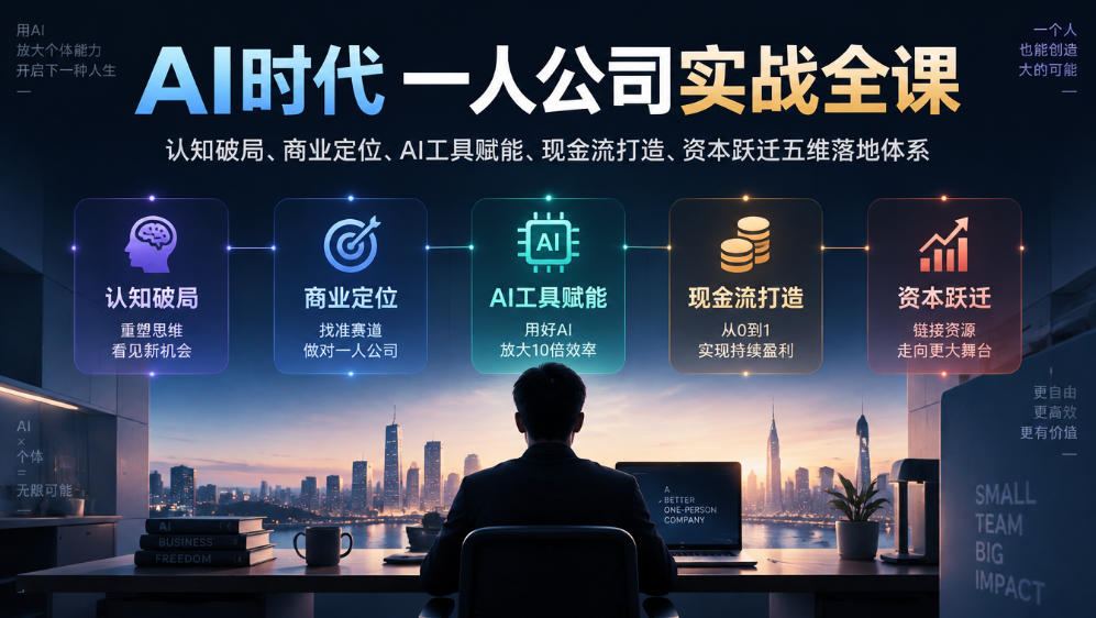 AI时代一人公司实战全课|认知破局、商业定位、AI工具赋能、现金流打造、资本跃迁五维落地体系 1 AI时代一人公司实战全课|认知破局、商业定位、AI工具赋能、现金流打造、资本跃迁五维落地体系