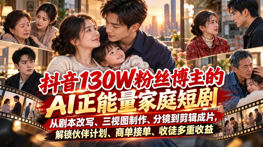 抖音130W粉丝博主的AI正能量家庭短剧,从剧本改写、三视图制作、分镜到剪辑成片,解锁伙伴计划、商单接单、收徒多重收益(更新1007) 1 抖音130W粉丝博主的AI正能量家庭短剧,从剧本改写、三视图制作、分镜到剪辑成片,解锁伙伴计划、商单接单、收徒多重收益(更新1007)