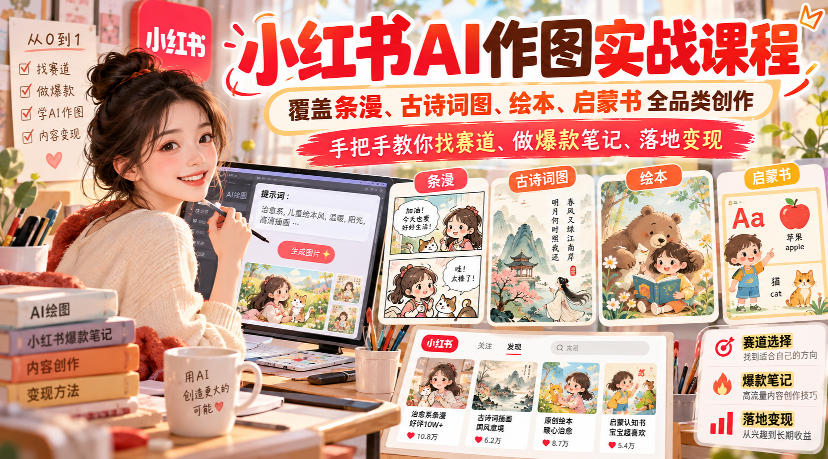 小红书AI作图实战课程,覆盖条漫、古诗词图、绘本、启蒙书全品类创作,手把手教你找赛道、做爆款笔记、落地变现(更新1009) 1 小红书AI作图实战课程,覆盖条漫、古诗词图、绘本、启蒙书全品类创作,手把手教你找赛道、做爆款笔记、落地变现(更新1009)
