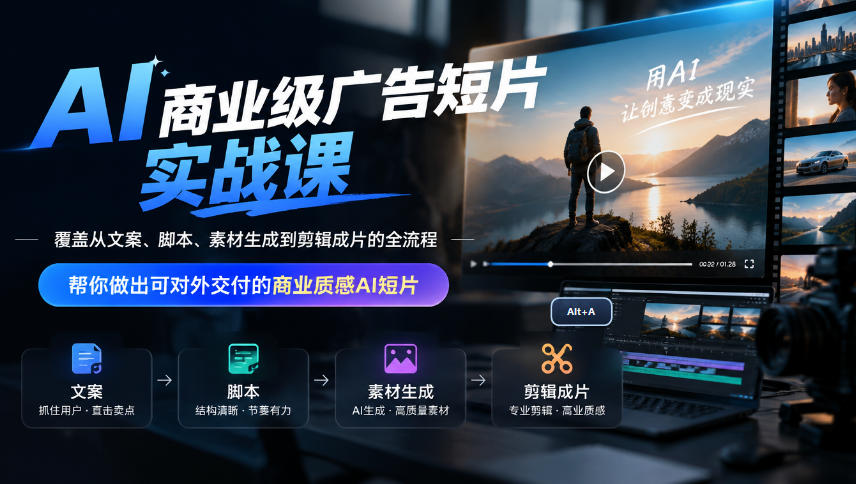 AI商业级广告短片实战课,覆盖从文案、脚本、素材生成到剪辑成片的全流程,帮你做出可对外交付的商业质感AI短片 1 AI商业级广告短片实战课,覆盖从文案、脚本、素材生成到剪辑成片的全流程,帮你做出可对外交付的商业质感AI短片