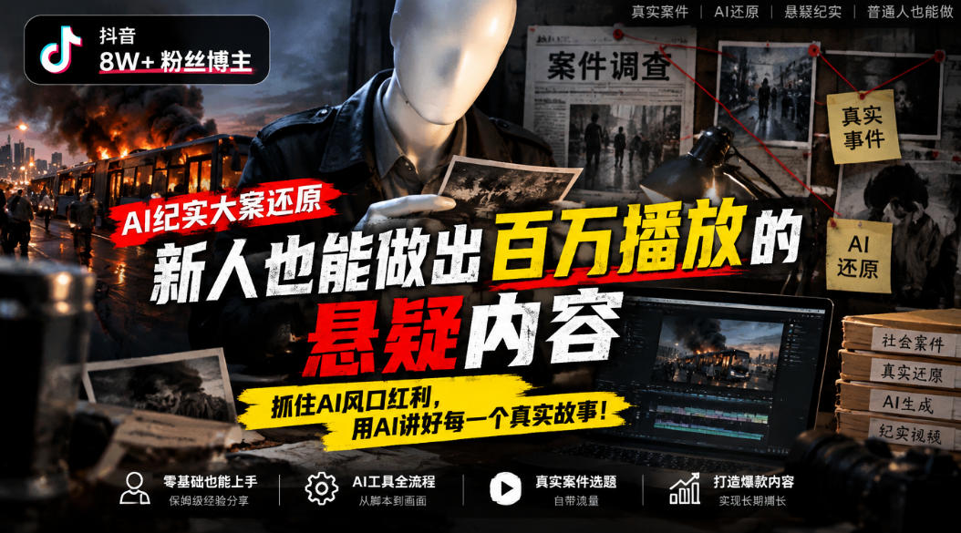 抖音8W粉丝博主的AI纪实大案还原教学,新人也能做出百W播放的悬疑内容,抓住AI风口红利,用AI讲好每一个真实故事 1 抖音8W粉丝博主的AI纪实大案还原教学,新人也能做出百W播放的悬疑内容,抓住AI风口红利,用AI讲好每一个真实故事