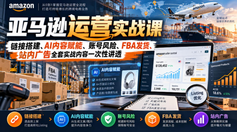 亚马逊运营实战课,链接搭建、AI内容赋能、账号风险、FBA发货、站内广告全套实战内容一次性讲透 1 亚马逊运营实战课,链接搭建、AI内容赋能、账号风险、FBA发货、站内广告全套实战内容一次性讲透