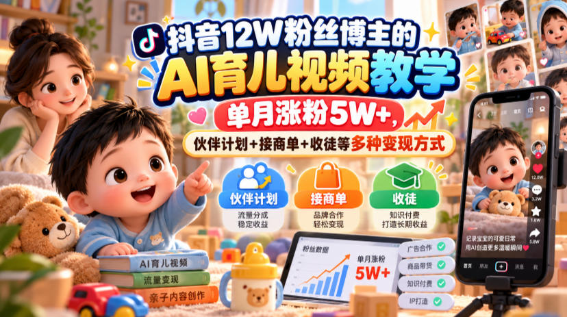 抖音12W粉丝博主的AI育儿视频教学,单月涨粉5W+,伙伴计划+接商单+收徒等多种变现方式 1 抖音12W粉丝博主的AI育儿视频教学,单月涨粉5W+,伙伴计划+接商单+收徒等多种变现方式
