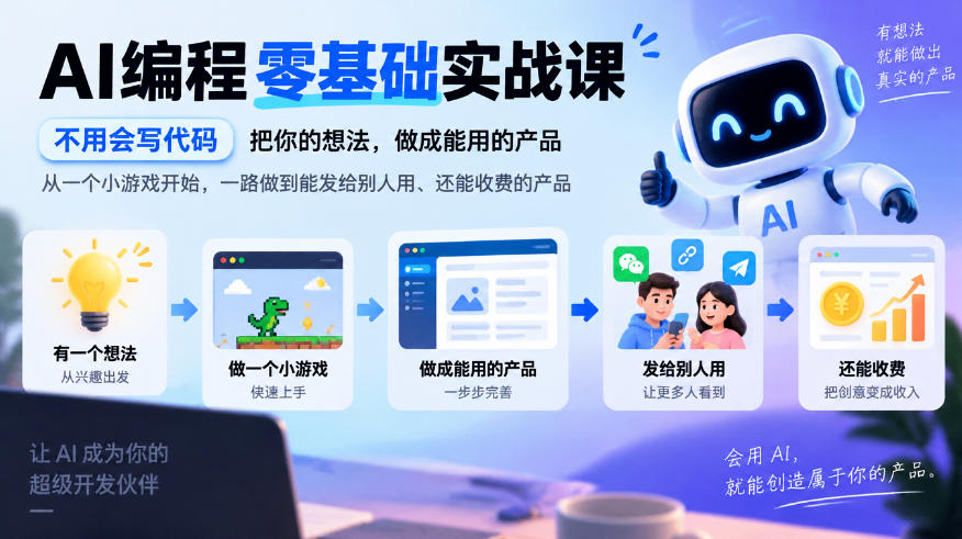 AI编程零基础实战课,不用会写代码,把你的想法,做成能用的产品,从一个小游戏开始,一路做到能发给别人用、还能收费的产品 1 AI编程零基础实战课,不用会写代码,把你的想法,做成能用的产品,从一个小游戏开始,一路做到能发给别人用、还能收费的产品