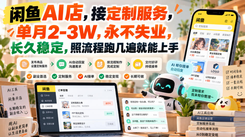 闲鱼AI店,接定制服务,单月2-3W,永不失业,长久稳定,照流程跑几遍就能上手 1 闲鱼AI店,接定制服务,单月2-3W,永不失业,长久稳定,照流程跑几遍就能上手