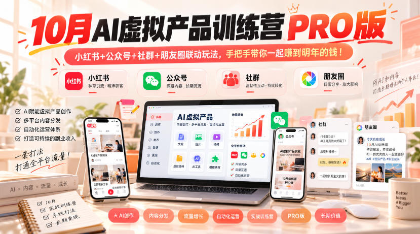 10月AI虚拟产品训练营PRO版,小红书+公众号+社群+朋友圈联动玩法,手把手带你一起赚到明年的钱!(更新1029) 1 10月AI虚拟产品训练营PRO版,小红书+公众号+社群+朋友圈联动玩法,手把手带你一起赚到明年的钱!(更新1029)