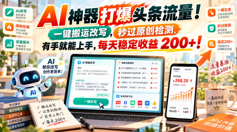 AI神器打爆头条流量,一键搬运改写,秒过原创检测,有手就能上手,每天稳定收益200+!【揭秘】 1 AI神器打爆头条流量,一键搬运改写,秒过原创检测,有手就能上手,每天稳定收益200+!【揭秘】